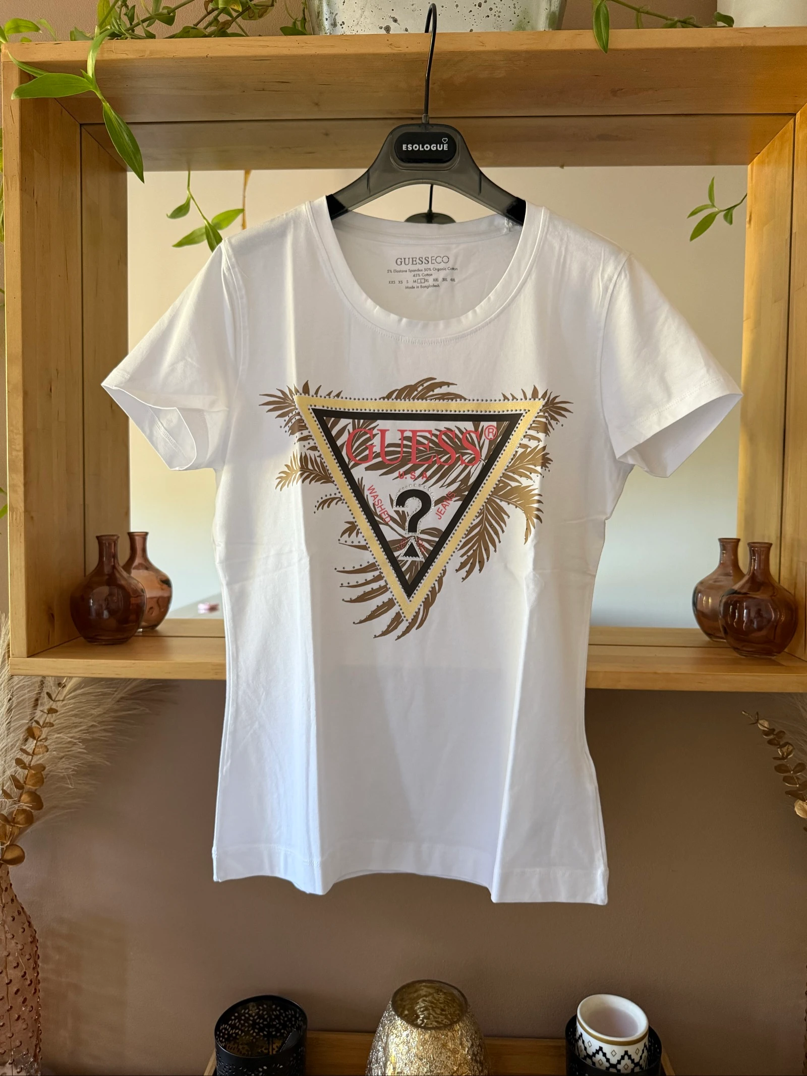 T-shirt Guess femme L neuf avec étiquette – Blanc – Logo strass motif tropical